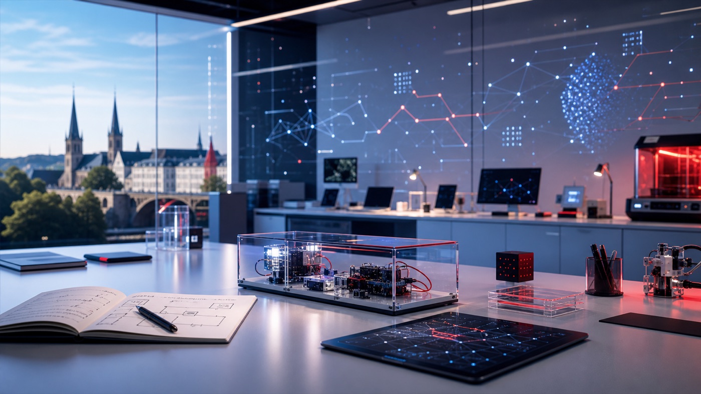 AI research lab workspace with prototype devices and data patterns